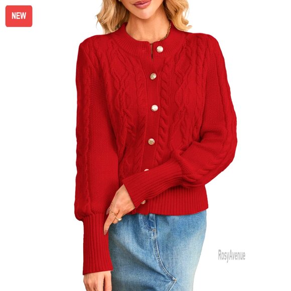 Chunky Cable Knit Cardigan Sweater Button Down Long Sleeve Cropped Open Front